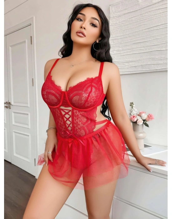 Kadın Çapraz İpli Dantelli Büyük Beden Tüllü Transparan Fantezi Gecelik 8008