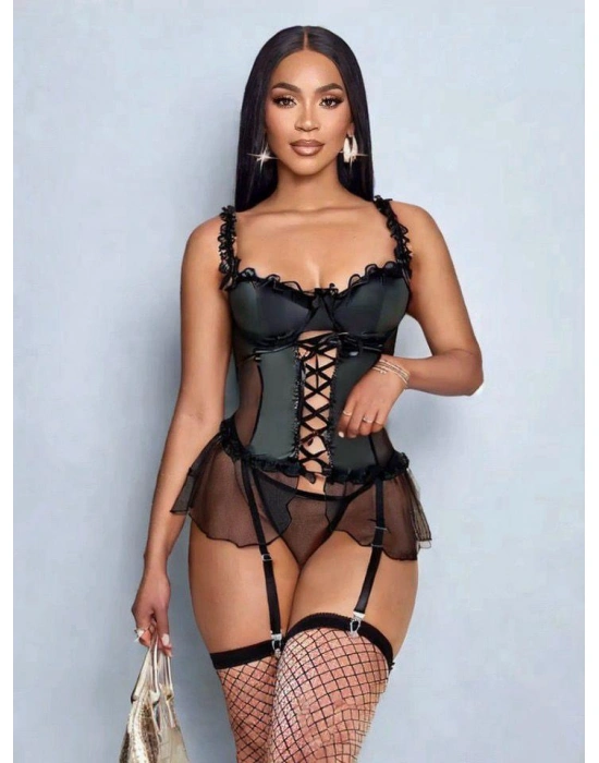 Kadın Çoraplı Lame Deri Fantezi Kostüm Elbise Seksi Gece Fantezi Kostüm 9002