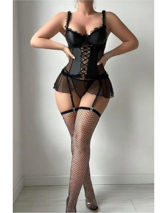 Kadın Çoraplı Lame Deri Fantezi Kostüm Elbise Seksi Gece Fantezi Kostüm 9002