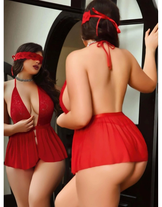 Kadın Dantel Göz Bantlı Boyundan Bağlamalı Fantazi Büyük Beden Gecelik  8001