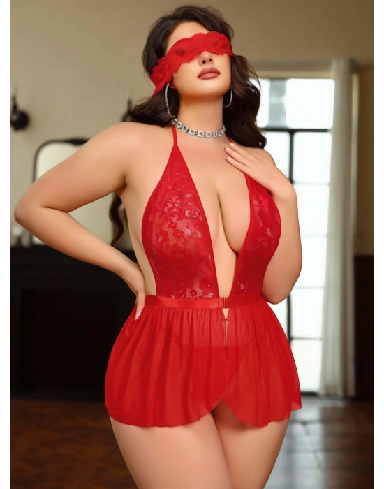 Kadın Dantel Göz Bantlı Boyundan Bağlamalı Fantazi Büyük Beden Gecelik  8001