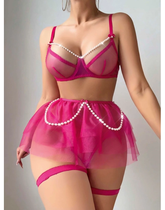 Kadın Fuşya İnci Detaylı Tül Etekli Seksi Fantezi Kostüm 2189