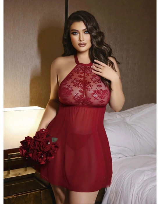 Kadın Kırmızı Fantezi Gecelik Kısa Tül Boyundan bağlamalı 2204