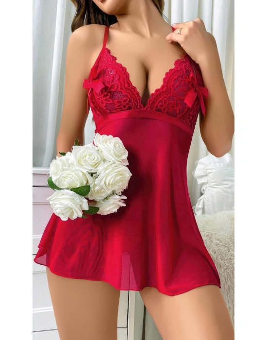 Kadın Kırmızı Fantezi Gecelik Kısa Tül Göğüs Fiyok Detaylı 2097
