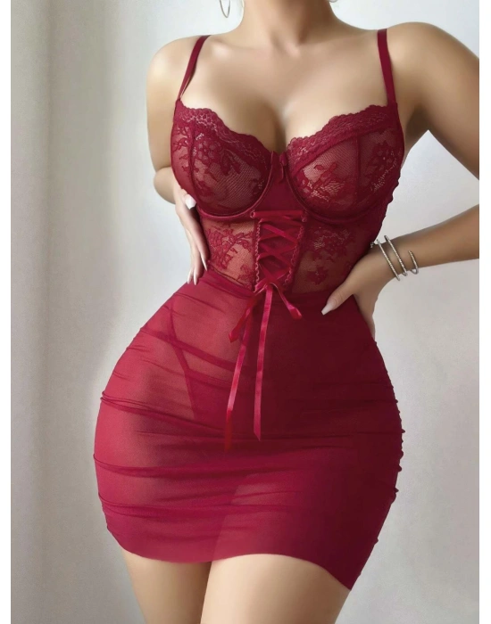 Kadın Kırmızı Fantezi Gecelik Tül Dantel Fiyonk Detaylı Askılı 2209