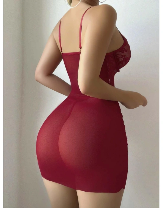 Kadın Kırmızı Fantezi Gecelik Tül Dantel Fiyonk Detaylı Askılı 2209