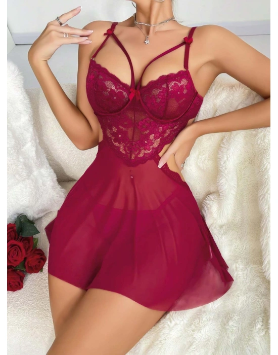 Kadın Kırmızı Fantezi Gecelik Tül Göğüs Dantel Dekolteli Fiyok detaylı 2162