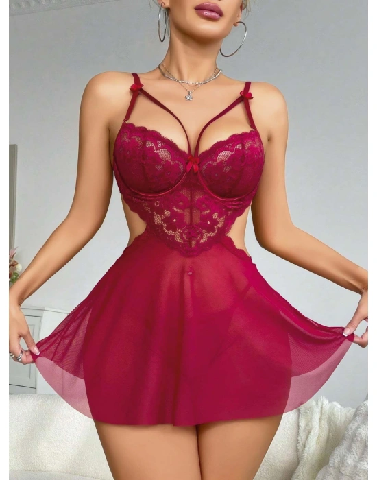 Kadın Kırmızı Fantezi Gecelik Tül Göğüs Dantel Dekolteli Fiyok detaylı 2162