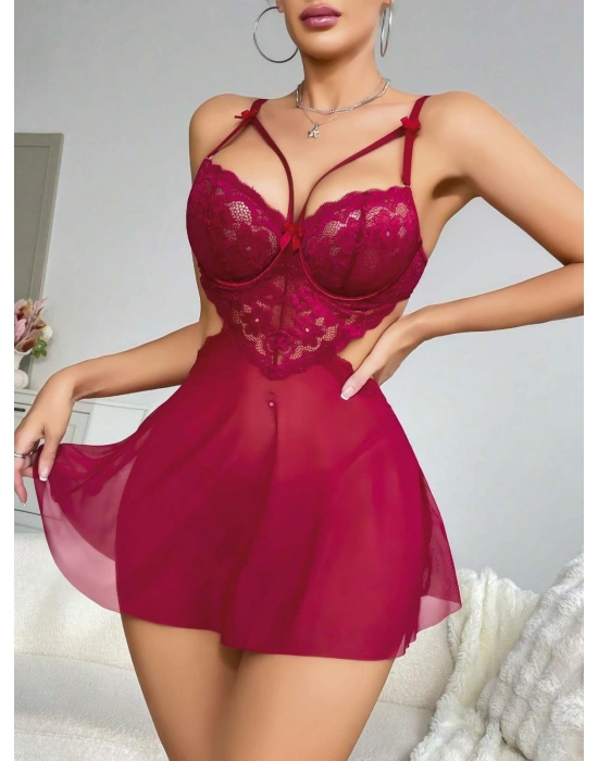 Kadın Kırmızı Fantezi Gecelik Tül Göğüs Dantel Dekolteli Fiyok detaylı 2162