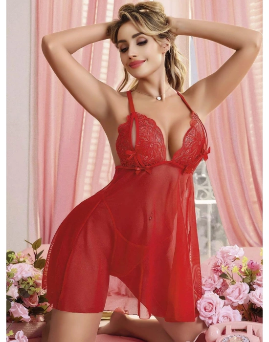 Kadın Kırmızı Fantezi Gecelik Tül Göğüs Dekolteli Fiyok detaylı 2203
