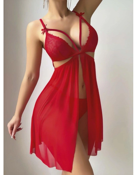 Kadın Kırmızı Fantezi Gecelik Tül Göğüs Dekolteli Önü açık 2194