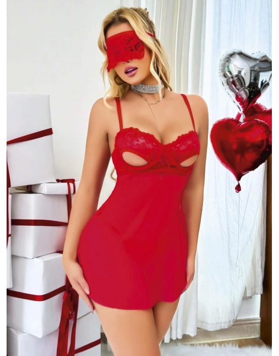 Kadın Kırmızı Göğüs Dekolteli Tül Gecelik Tanga Takım 2180