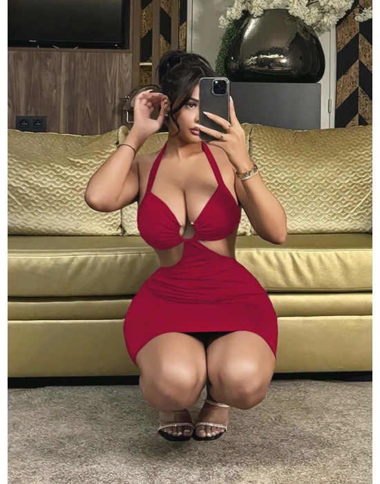 Kadın Kırmızı Halka Detaylı Fantezi Gece elbisesi 5116