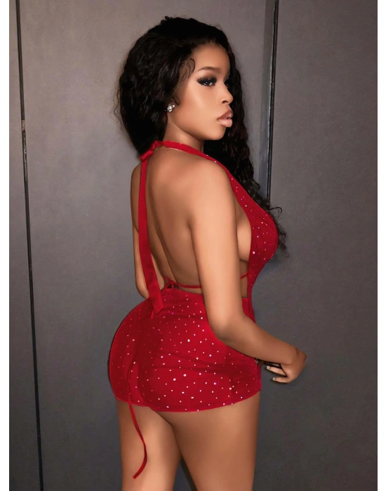 Kadın Kırmızı Parlak Fantezi Gece elbisesi 5039