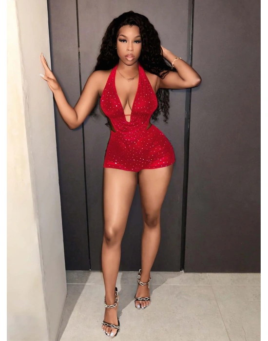 Kadın Kırmızı Parlak Fantezi Gece elbisesi 5039