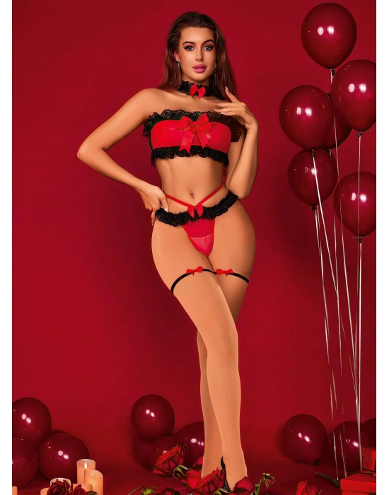 Kadın Kırmızı siyah dantel Detaylı Fantezi Kostüm 2063