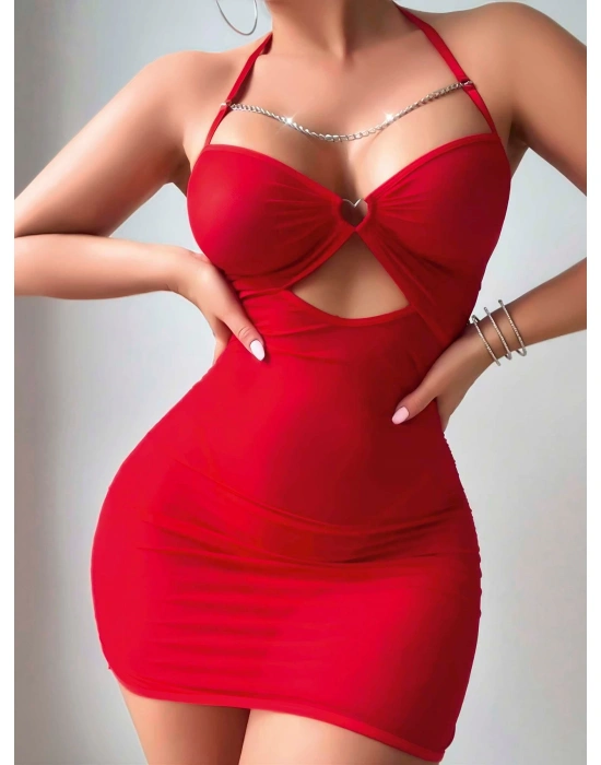 Kadın Kırmızı Tül Zincir Detaylı Fantezi Gecelik 2177