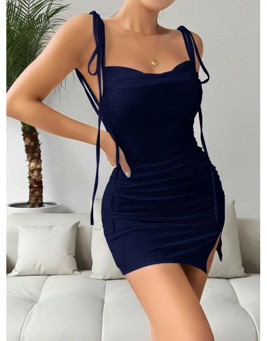 Kadın Lacivert Fantezi Sırt Dekolteli Midi Club Elbisesi 5033