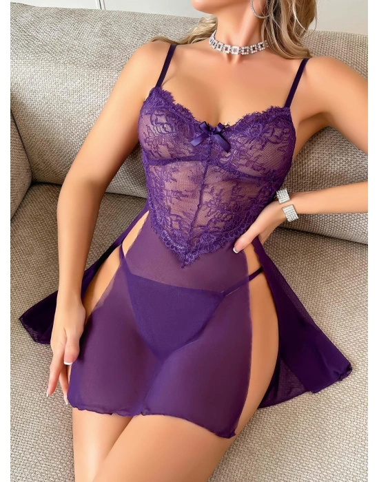 Kadın Mor Yırtmaç Detaylı Seksi Tül Kısa Gecelik 2201