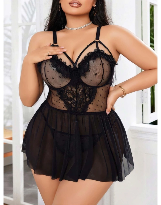 Kadın Nakışlı Siyah Gotik İp Askılı Büyük Beden Tüllü Transparan Fantezi Gecelik 8007