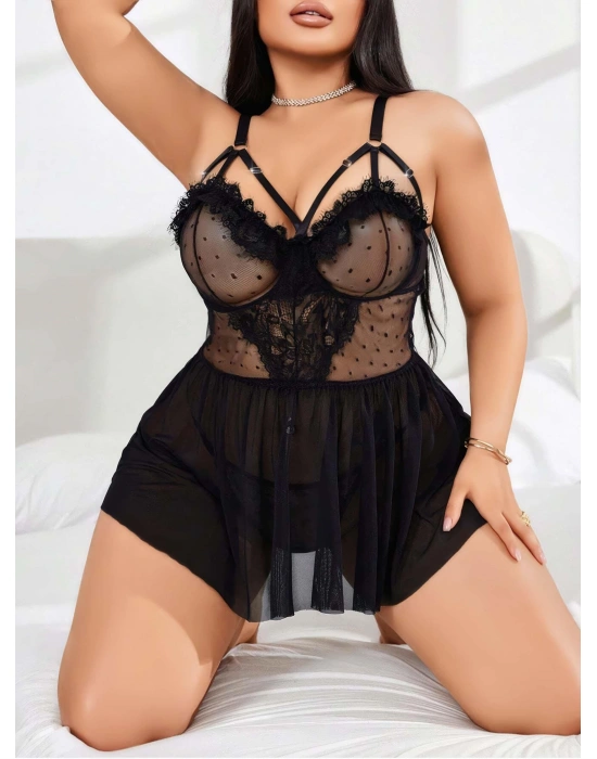 Kadın Nakışlı Siyah Gotik İp Askılı Büyük Beden Tüllü Transparan Fantezi Gecelik 8007