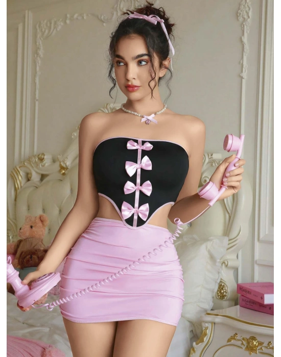 Kadın Pembe Etekli Fiyonk Detaylı Fantezi Elbise 2154