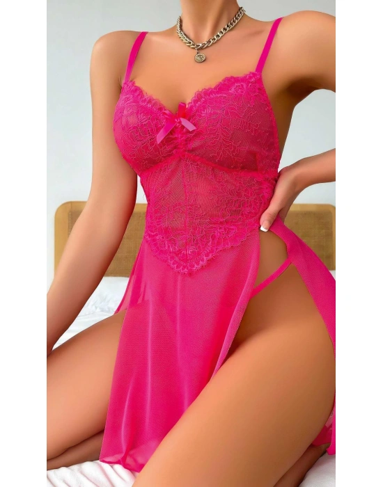 Kadın Pembe Fantezi Gecelik Tül Fiyonk detaylı Yanları Dekolteli 2091