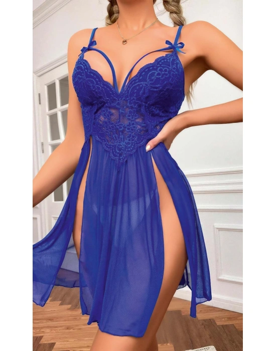 Kadın Saks Mavisi Fantezi Gecelik Tül Göğüs Dantel Dekolteli Fiyok detaylı Yırtmaçlı 2106