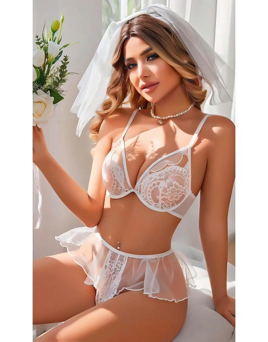 Kadın Seksi Beyaz Dantel Fantezi Kostümü 2123