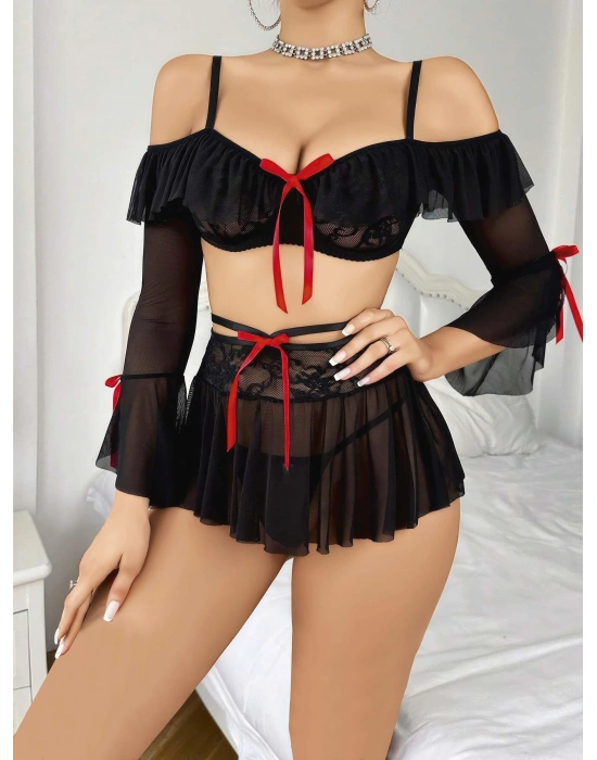 Kadın Siyah Etek Bustiyer Sexy Gecelik Takım 2157