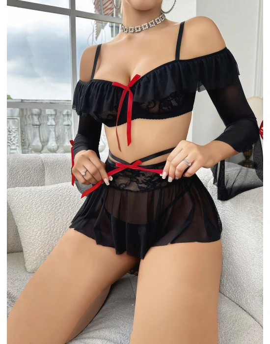 Kadın Siyah Etek Bustiyer Sexy Gecelik Takım 2157