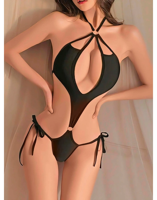 Kadın Siyah Fantezi Boyundan Bağlama Halka Detaylı Sexi Kostüm 2046