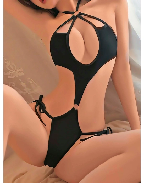 Kadın Siyah Fantezi Boyundan Bağlama Halka Detaylı Sexi Kostüm 2046