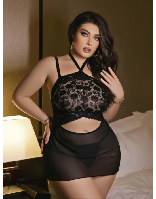 Kadın Siyah Fantezi Gecelik Kısa Tül Boyundan bağlamalı 2200