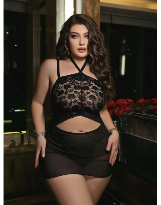 Kadın Siyah Fantezi Gecelik Kısa Tül Boyundan bağlamalı 2200