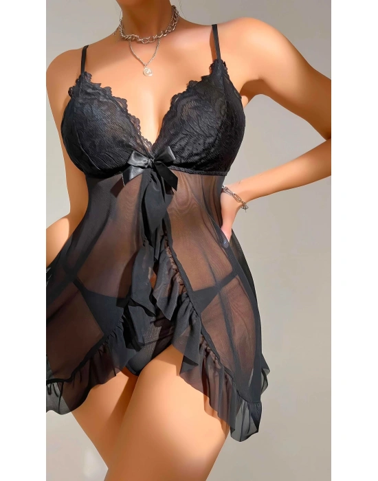 Kadın Siyah Fantezi Gecelik Tül Dantel detaylı fantezi gecelik 2117