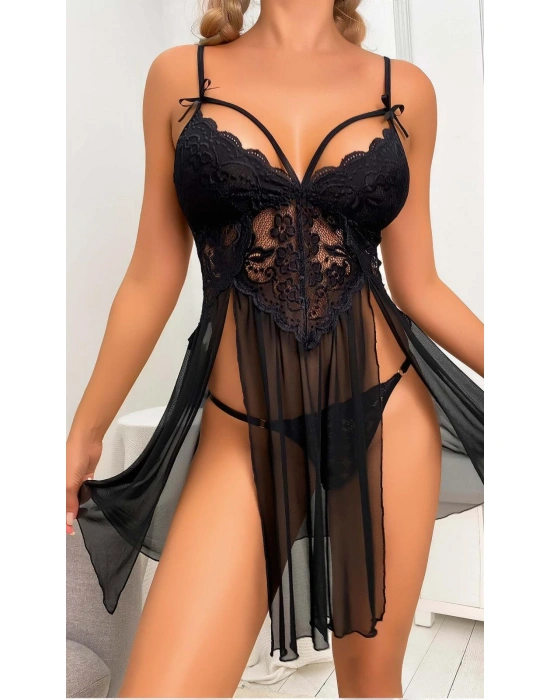 Kadın Siyah Fantezi Gecelik Tül Göğüs detaylı Yanları Dekolteli 2104