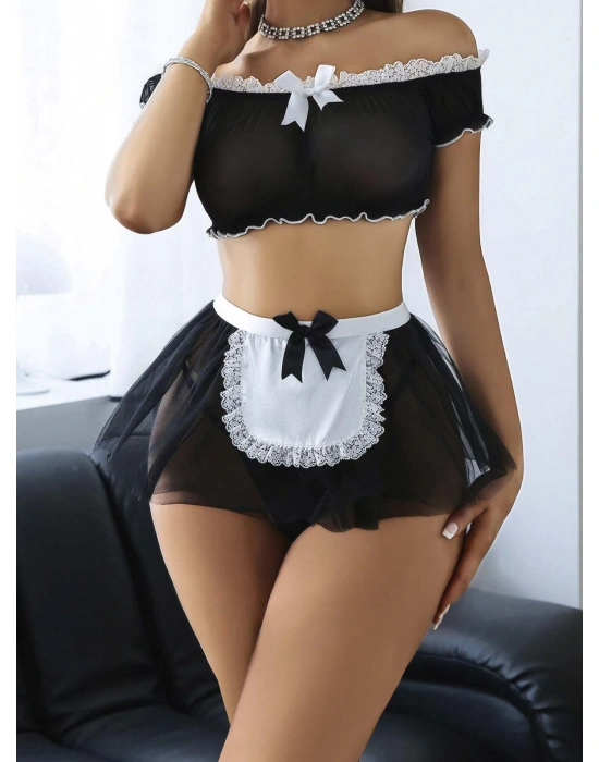 Kadın Siyah Fantezi Kostüm Fır Fır detaylı hizmetçi Çorap hariç 2212