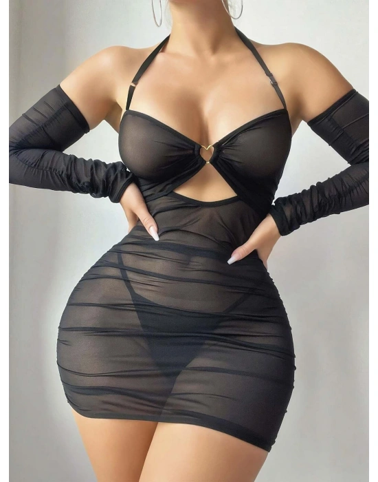 Kadın Siyah  Kolları Uzun Tül Detaylı Fantezi Gecelik 2182