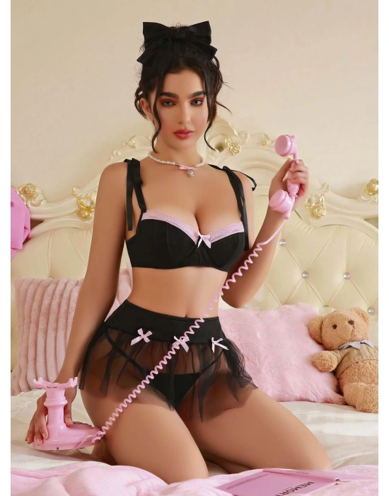 Kadın Siyah Pembe Fiyonk Detaylı Fantezi Kostüm 2149