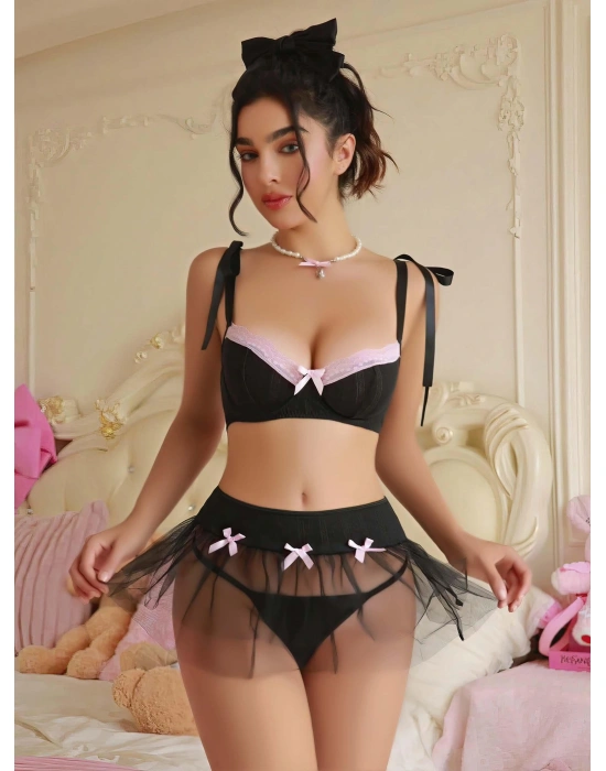 Kadın Siyah Pembe Fiyonk Detaylı Fantezi Kostüm 2149