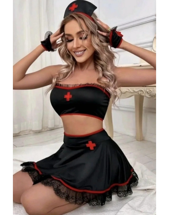 Kadın Siyah Süprem Penye Ve Dantelli Şık Hemşire Kostümü 52000