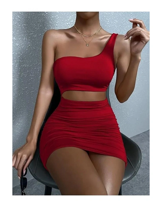 Kadın Tek Omuz Kesim Detaylı Büzgülü Fantezi Elbise 5078