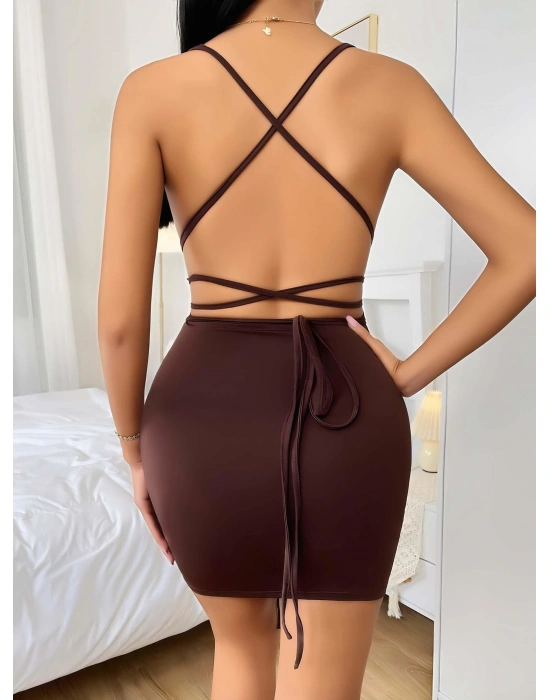 Kahverengi Şık Fantezi Clup Elbisesi 5032