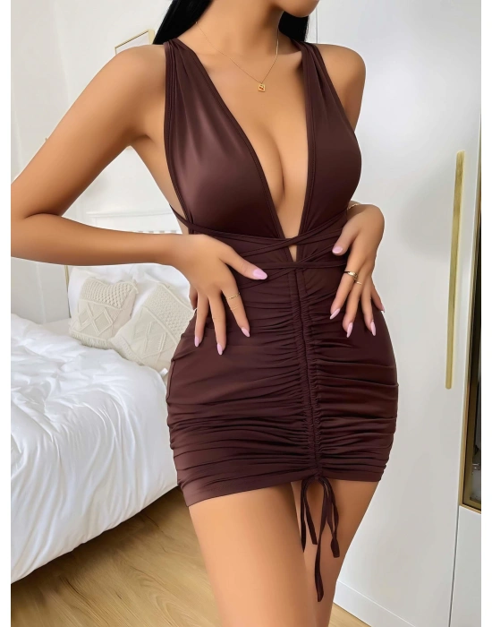 Kahverengi Şık Fantezi Clup Elbisesi 5032