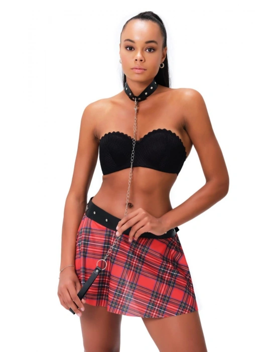 Kareli Harness Deri Etekleri Dantel Süslemeli Fantezi Gecelik 51158