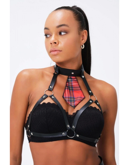 Kareli Kravat Ve Harness Göğsü Açık Deri Aksesuar 51164