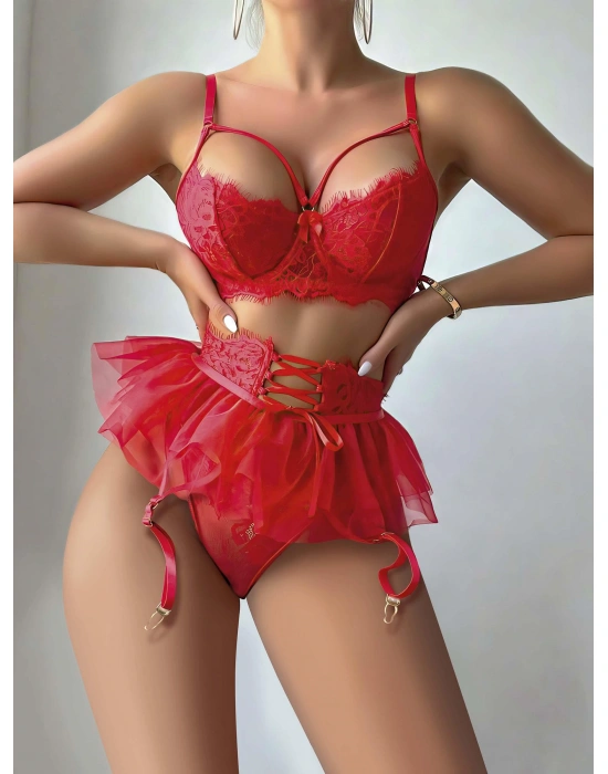 Kırmızı Etek Tül Fantezi Jartiyer Takım 2079