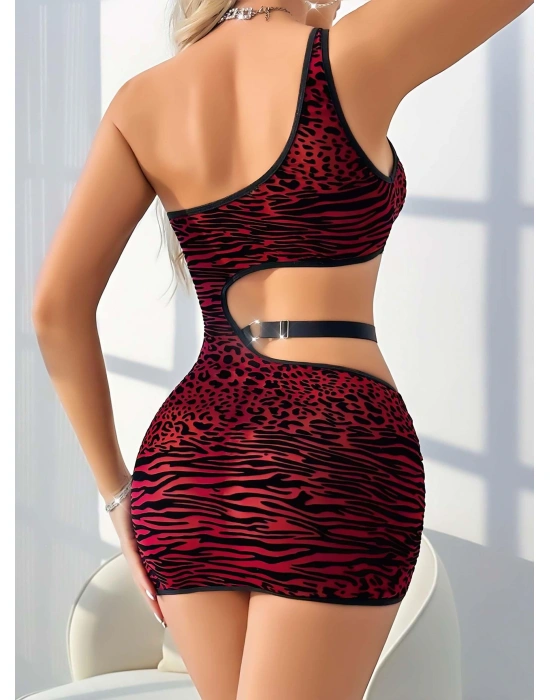 Kırmızı Zebra Desenli Fantezi Clup Elbisesi 5028