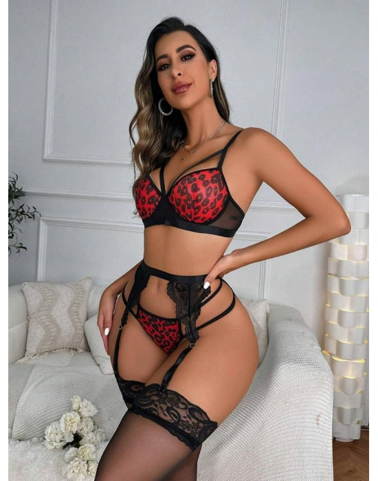 Leopar Kırmızı Dantelli Fantezi Jartiyer Takımı 2014